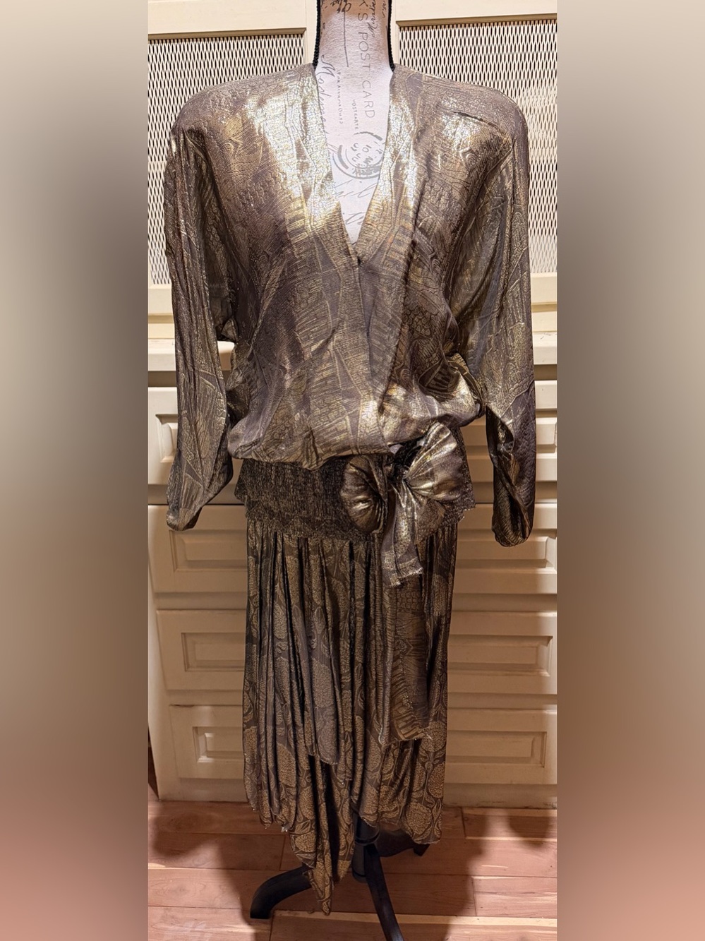 VTG Norma Walters Neiman Marcus 1980s Metallic Gold Silk Lame Dress Bow 10